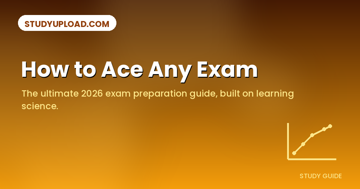 Amber gradient banner with a rising graph icon and the title 'How to Ace Any Exam' for StudyUpload.com