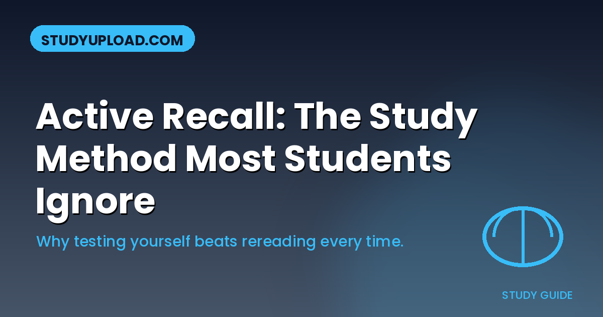Dark slate gradient banner with a brain icon and the title 'Active Recall: The Study Method Most Students Ignore' for StudyUpload.com