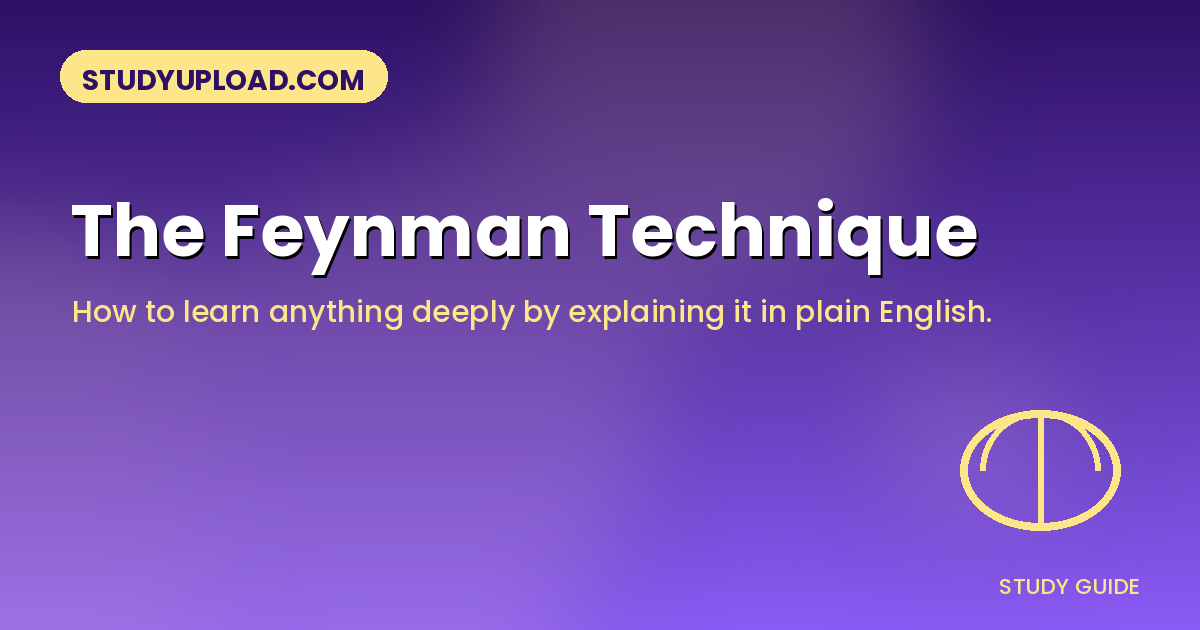 Violet gradient banner with a brain illustration and the title 'The Feynman Technique' for StudyUpload.com