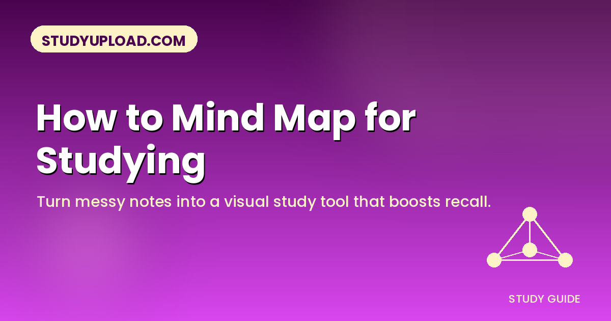 Fuchsia gradient banner with a network diagram icon and the title 'How to Mind Map for Studying' for StudyUpload.com