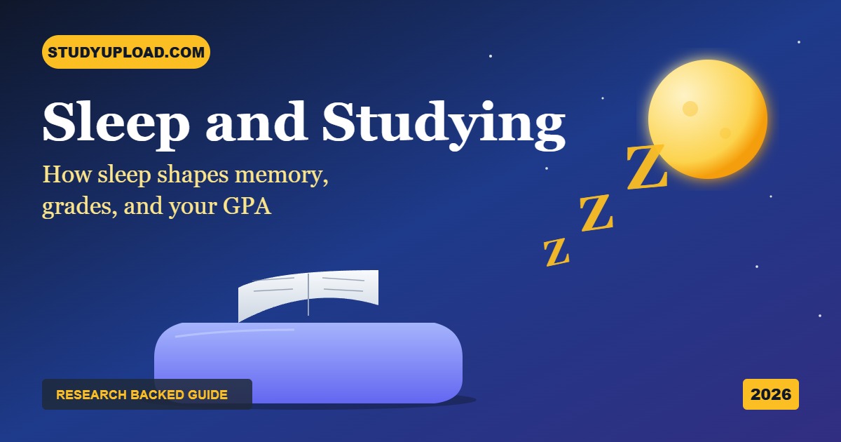 Sleep and studying illustration with moon, pillow, and open book