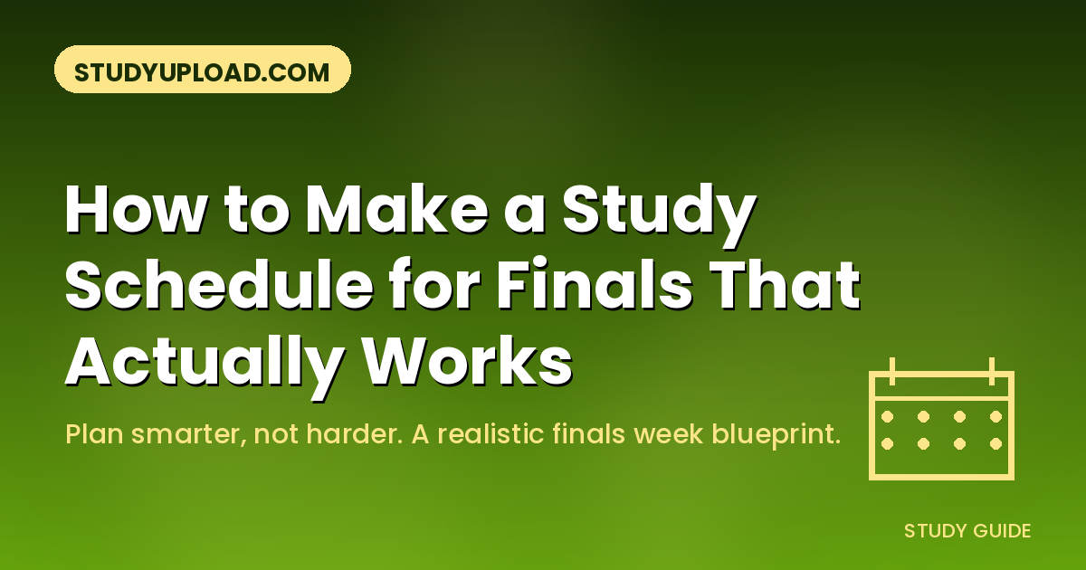 Lime green gradient banner with a calendar icon and the title 'How to Make a Study Schedule for Finals That Actually Works' for StudyUpload.com