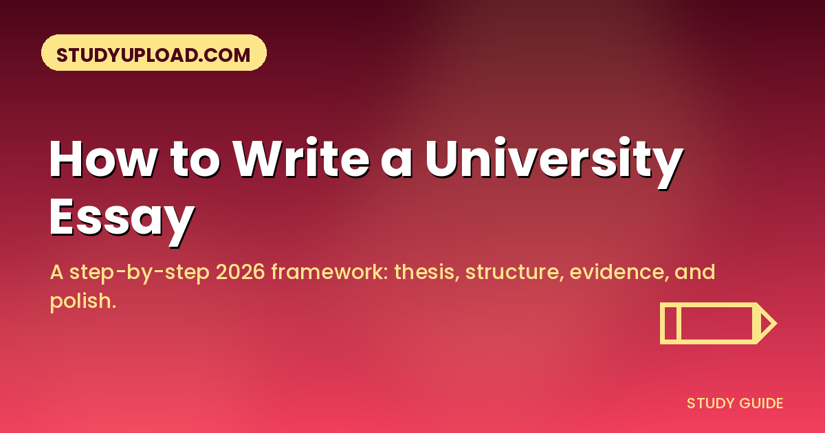 Rose pink gradient banner with a pencil icon and the title 'How to Write a University Essay' for StudyUpload.com