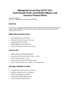 Managerial Accounting (ACCT 301) Cost-Volume-Profit, Contribution Margin, and Variance Practice Sheet
