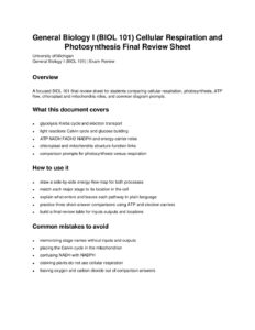 General Biology I (BIOL 101) Cellular Respiration and Photosynthesis Final Review Sheet