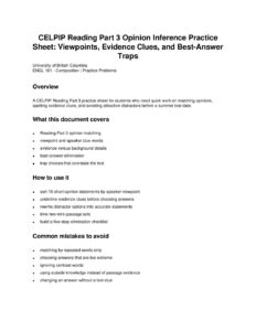 CELPIP Reading Part 3 Opinion Inference Practice Sheet: Viewpoints, Evidence Clues, and Best-Answer Traps