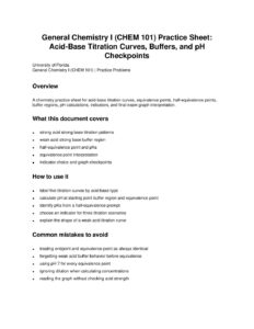 General Chemistry I (CHEM 101) Practice Sheet: Acid-Base Titration Curves, Buffers, and pH Checkpoints