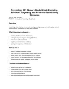 Psychology 101 Memory Study Sheet: Encoding, Retrieval, Forgetting, and Evidence-Based Study Strategies