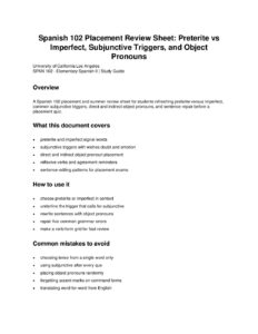Spanish 102 Placement Review Sheet: Preterite vs Imperfect, Subjunctive Triggers, and Object Pronouns