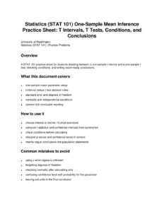 Statistics (STAT 101) One-Sample Mean Inference Practice Sheet: T Intervals, T Tests, Conditions, and Conclusions