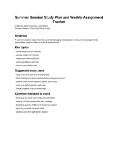 Summer Session Study Plan and Weekly Assignment Tracker