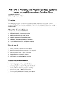 ATI TEAS 7 Anatomy and Physiology Body Systems, Hormones, and Homeostasis Practice Sheet