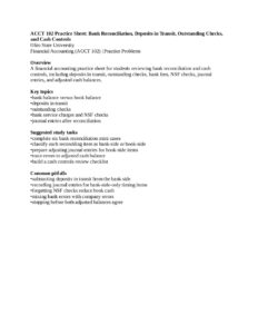 ACCT 102 Practice Sheet: Bank Reconciliation, Deposits in Transit, Outstanding Checks, and Cash Controls