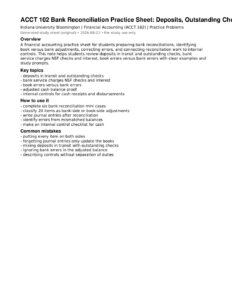 ACCT 102 Bank Reconciliation Practice Sheet: Deposits, Outstanding Checks, Errors, and Internal Controls