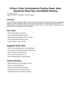 OChem I Chair Conformations Practice Sheet: Axial, Equatorial, Ring Flips, and Stability Ranking