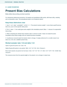 First page of Present Bias Calculations: Beta-delta discounting worked practice