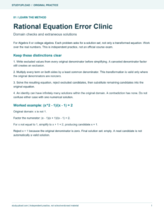 First page of Rational Equation Error Clinic: Domain checks and extraneous solutions